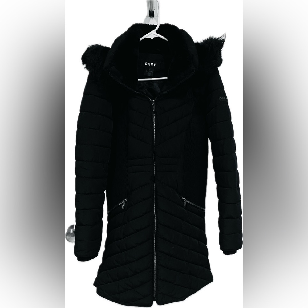 DKNY Super Sleek Black Faux Fur Hooded Puffer Coat - Size M